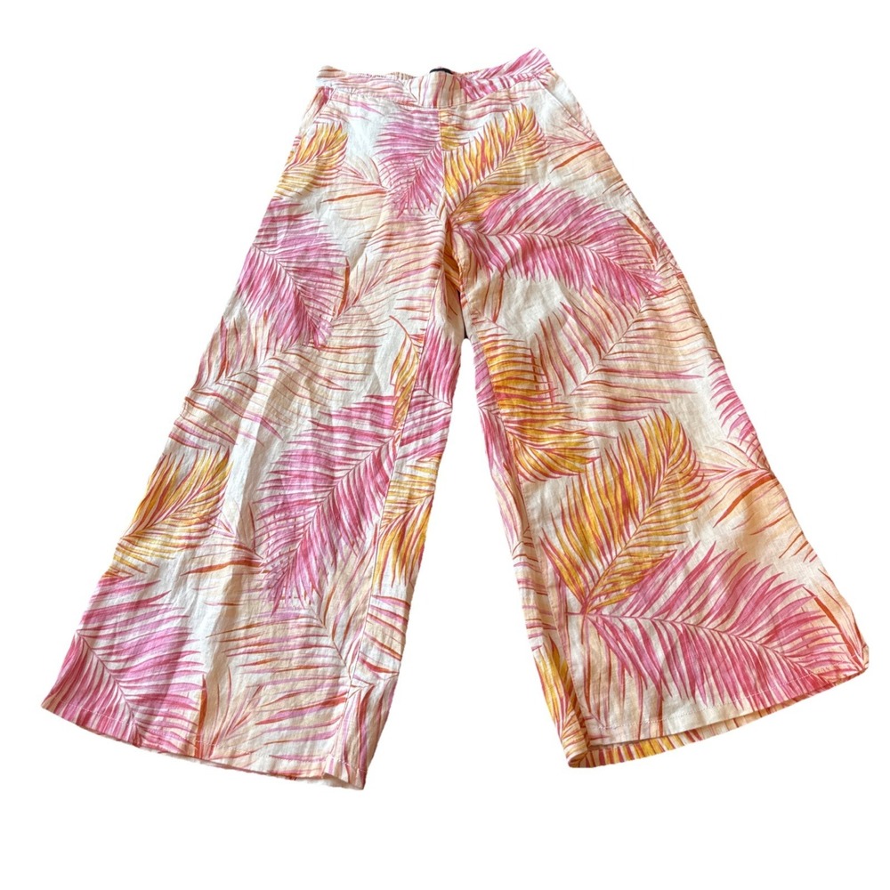 Tahari Linen Capri Pants White Large Womens Wide Leg Tropical Palm Pckts Coastal